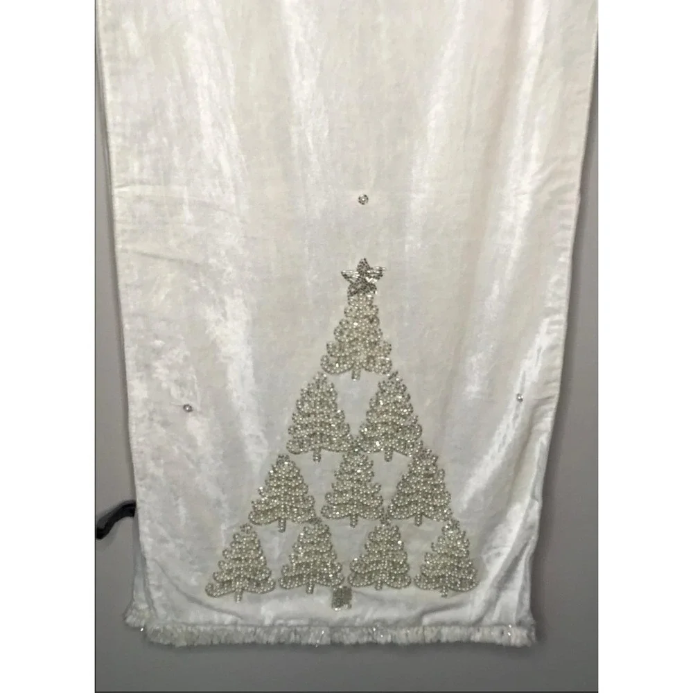 Tahari Home White Velvet Beaded Christmas Tree Table Runner 16x72 Holiday Decor